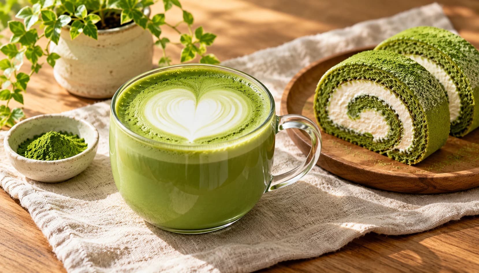 Matcha latte and tea ingredients