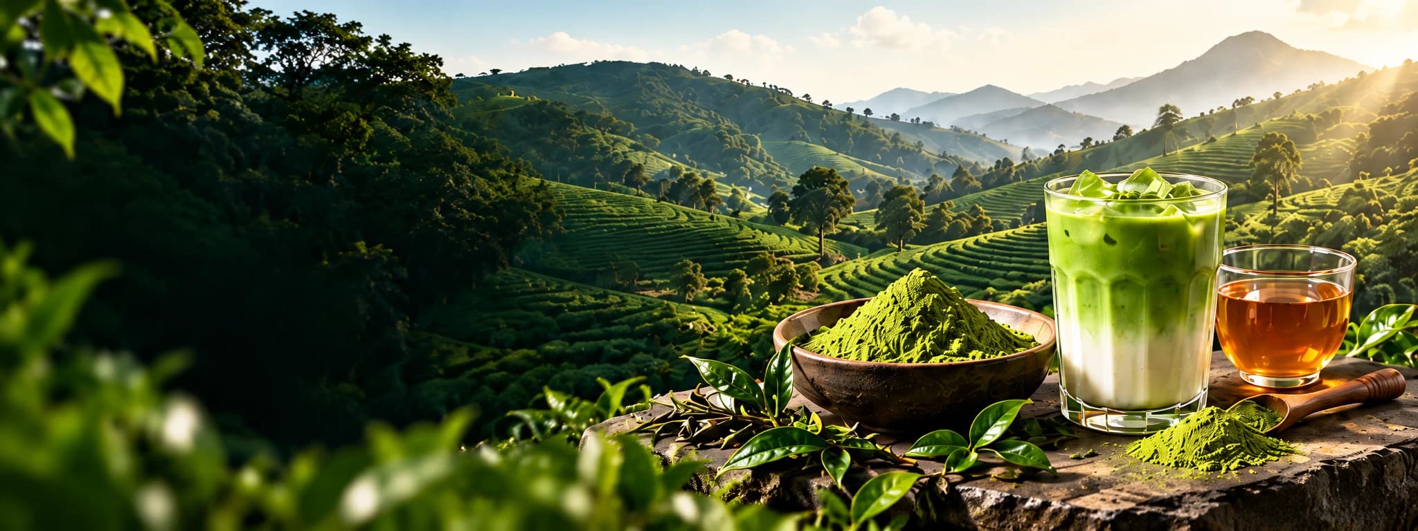 Tea fields with matcha powder, iced matcha latte and amber tea
