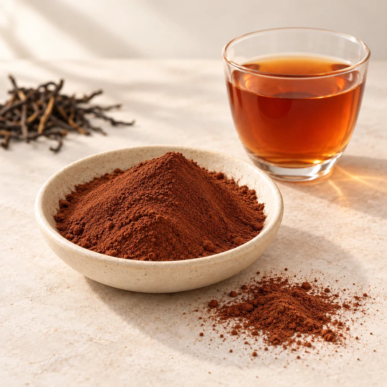 Instant black tea powder beside an amber prepared tea