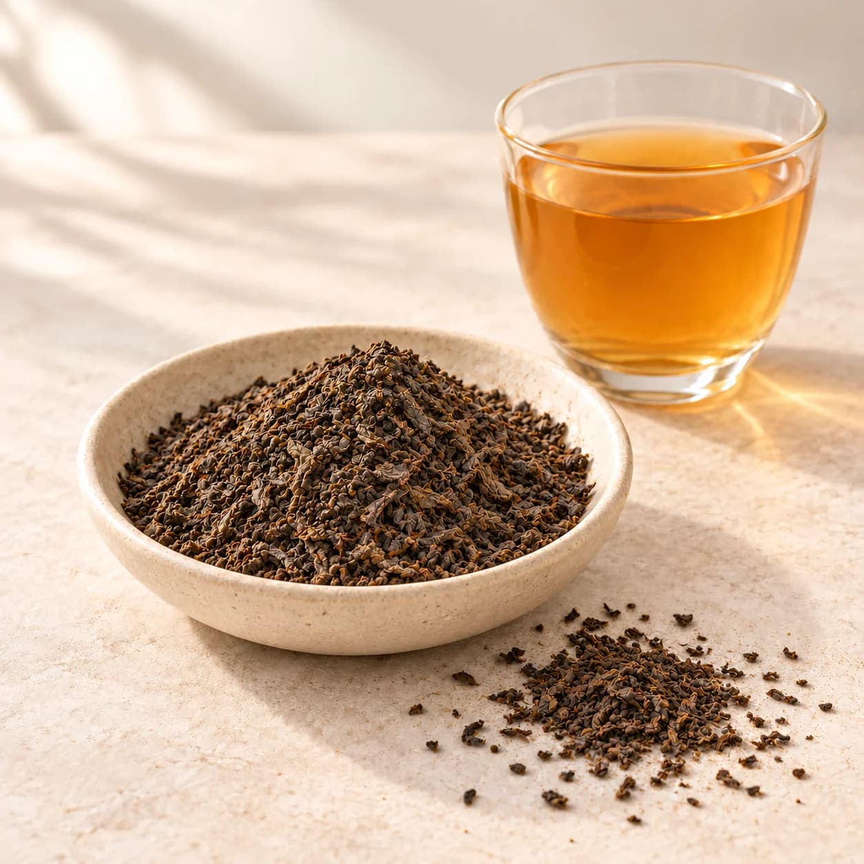 Dry broken tea leaf pieces in an ivory dish beside amber tea