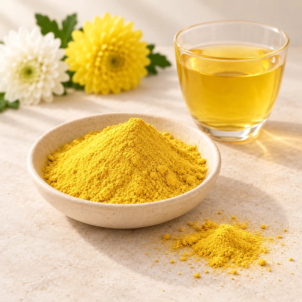 Golden yellow chrysanthemum tea powder in an ivory dish with tea and flowers