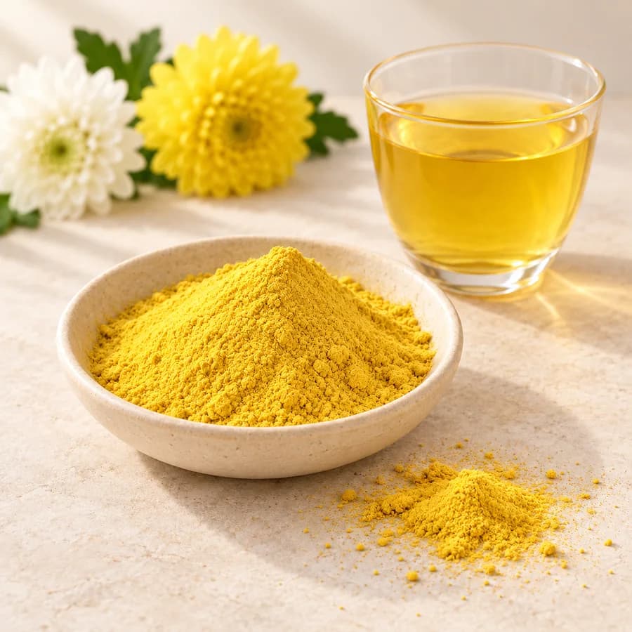 Golden yellow chrysanthemum tea powder in an ivory dish with tea and flowers