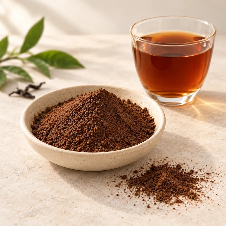 Dark brown tea powder in an ivory dish beside tea