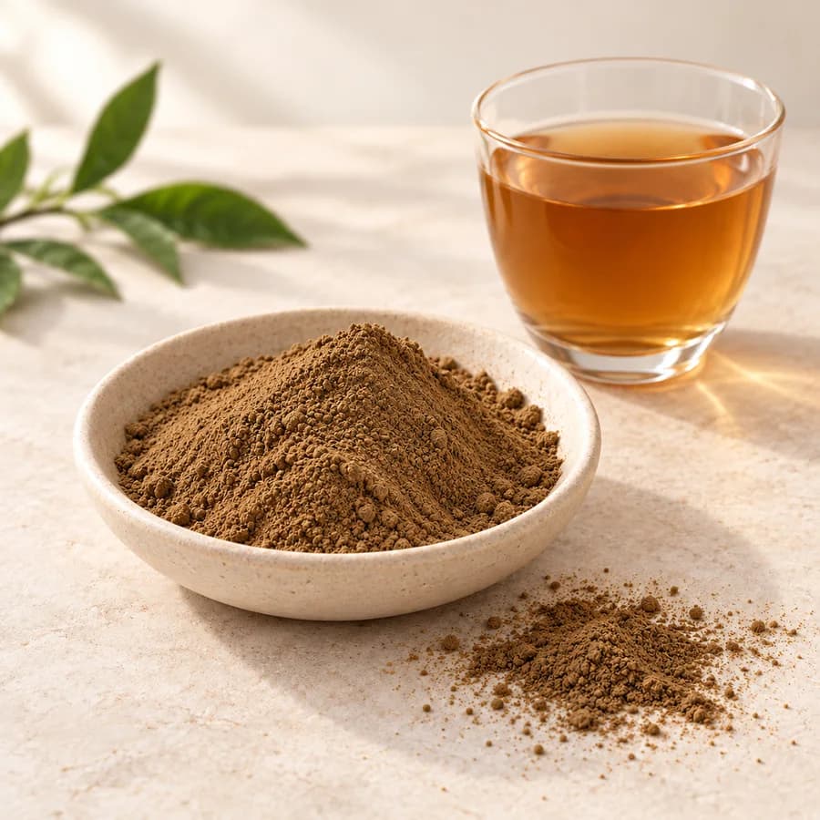 Roasted brown hojicha powder in an ivory dish beside tea
