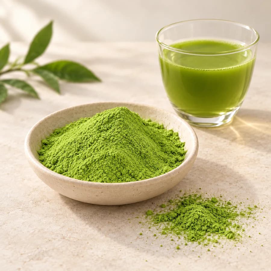 Green matcha powder in an ivory dish