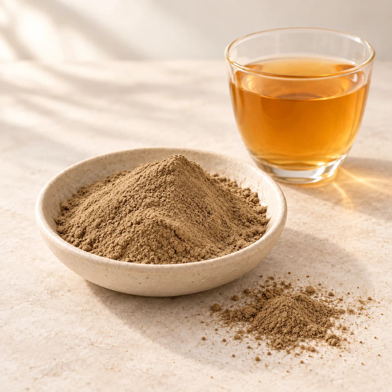 Tawny brown instant oolong tea powder in an ivory dish beside tea