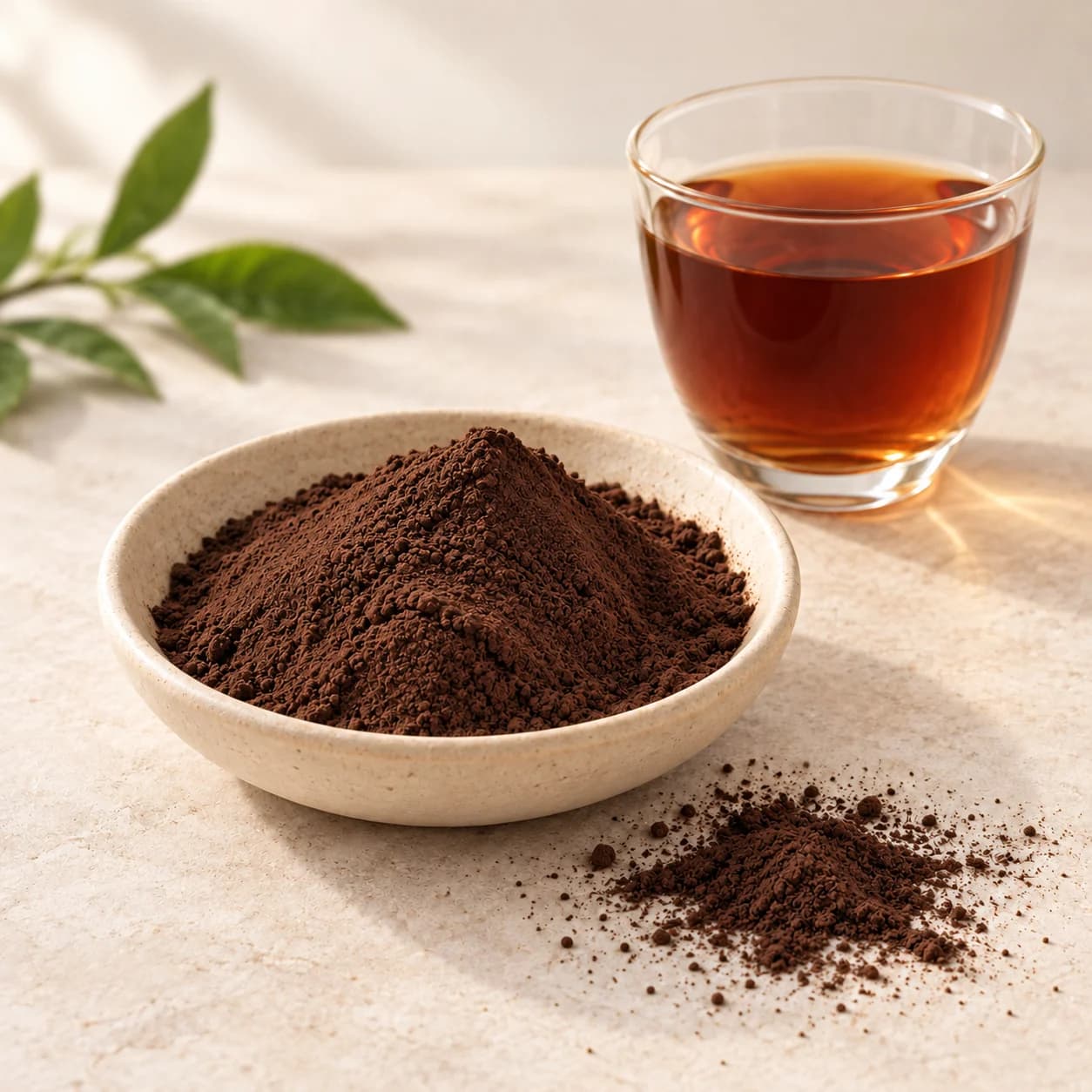 Deep brown instant Pu’er tea powder in an ivory dish beside dark tea