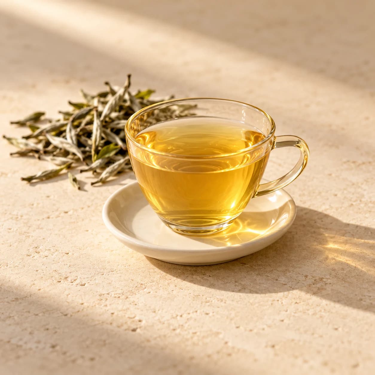 White tea presentation with pale amber tea and ivory ceramic tableware