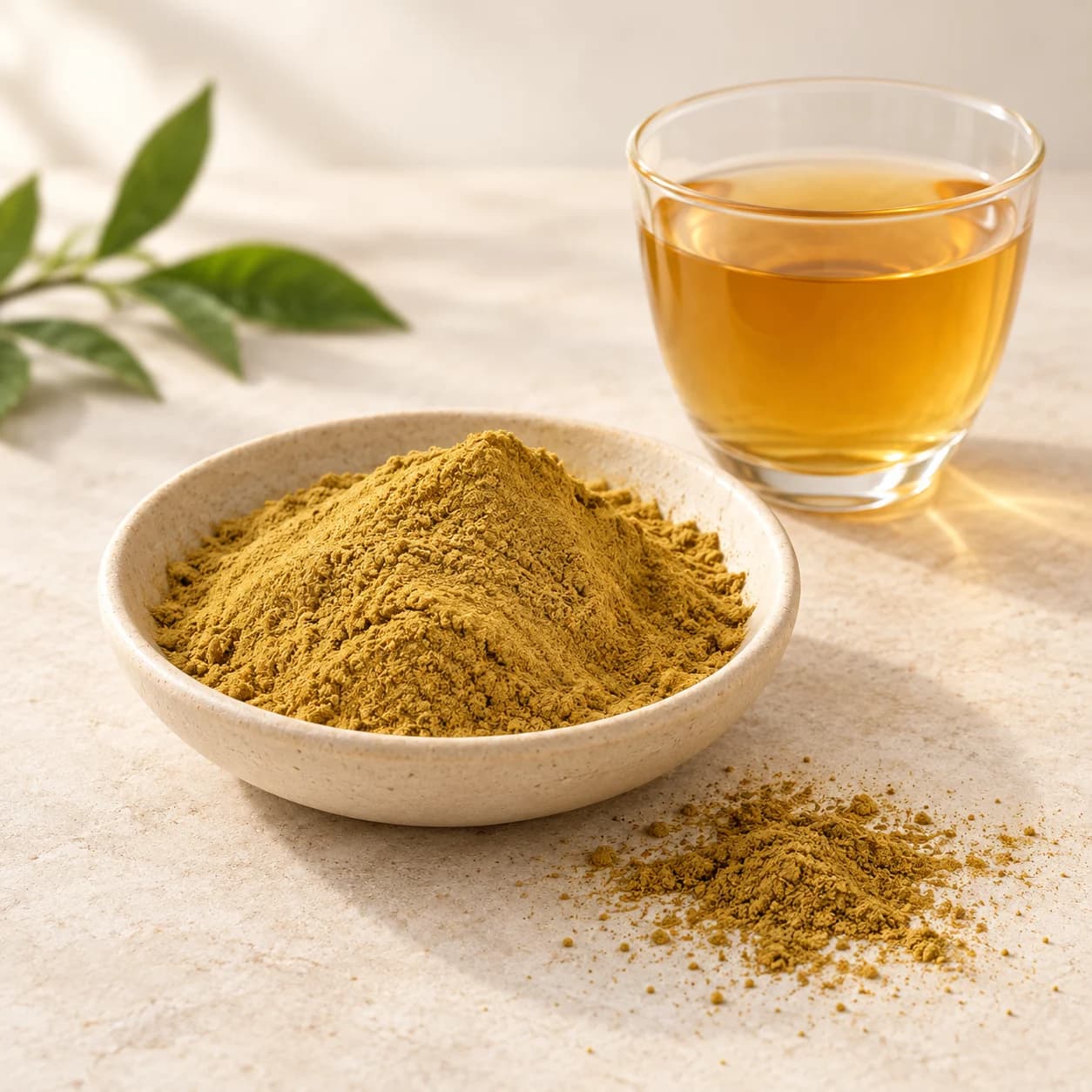 Golden olive-brown instant green tea powder in an ivory dish beside tea