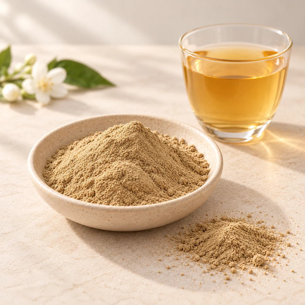 Pale beige jasmine tea powder in an ivory dish with tea and jasmine flowers