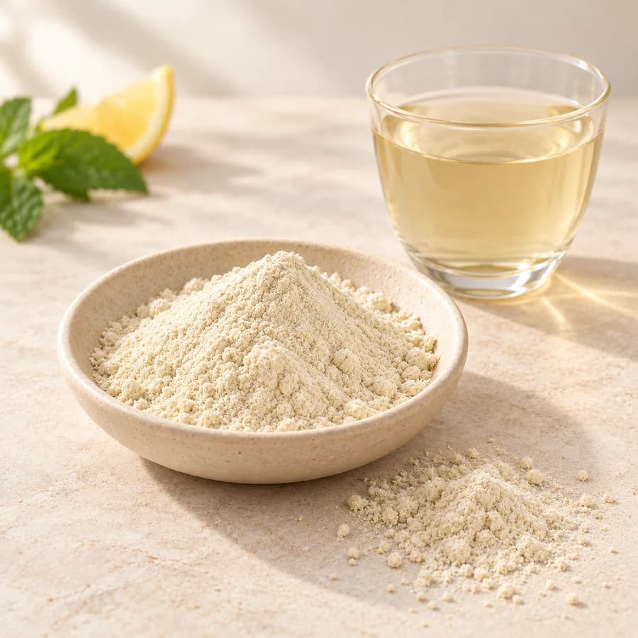 Pale freeze-dried kombucha powder with porous dry particles in an ivory dish