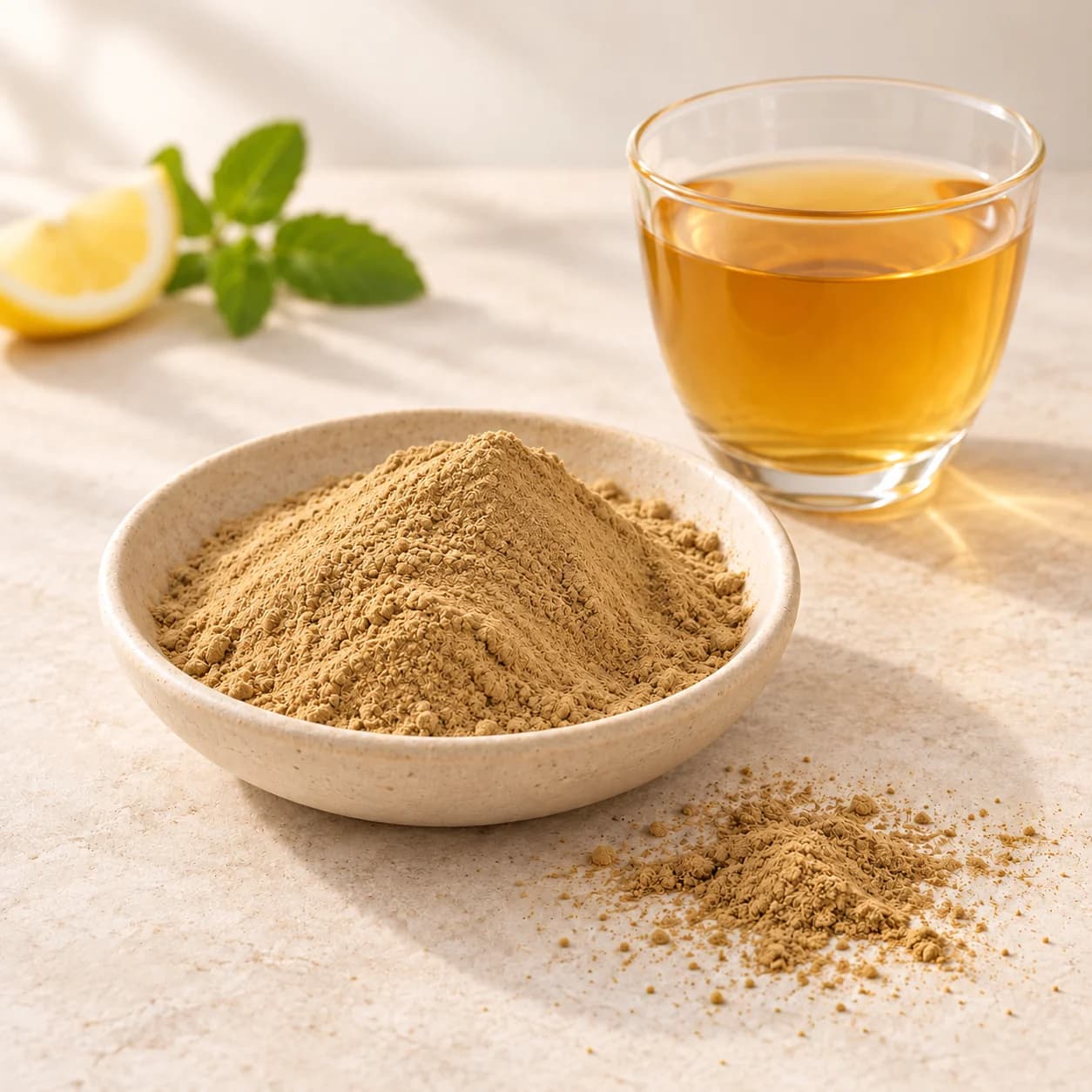 Beige dried kombucha powder in an ivory dish beside tea